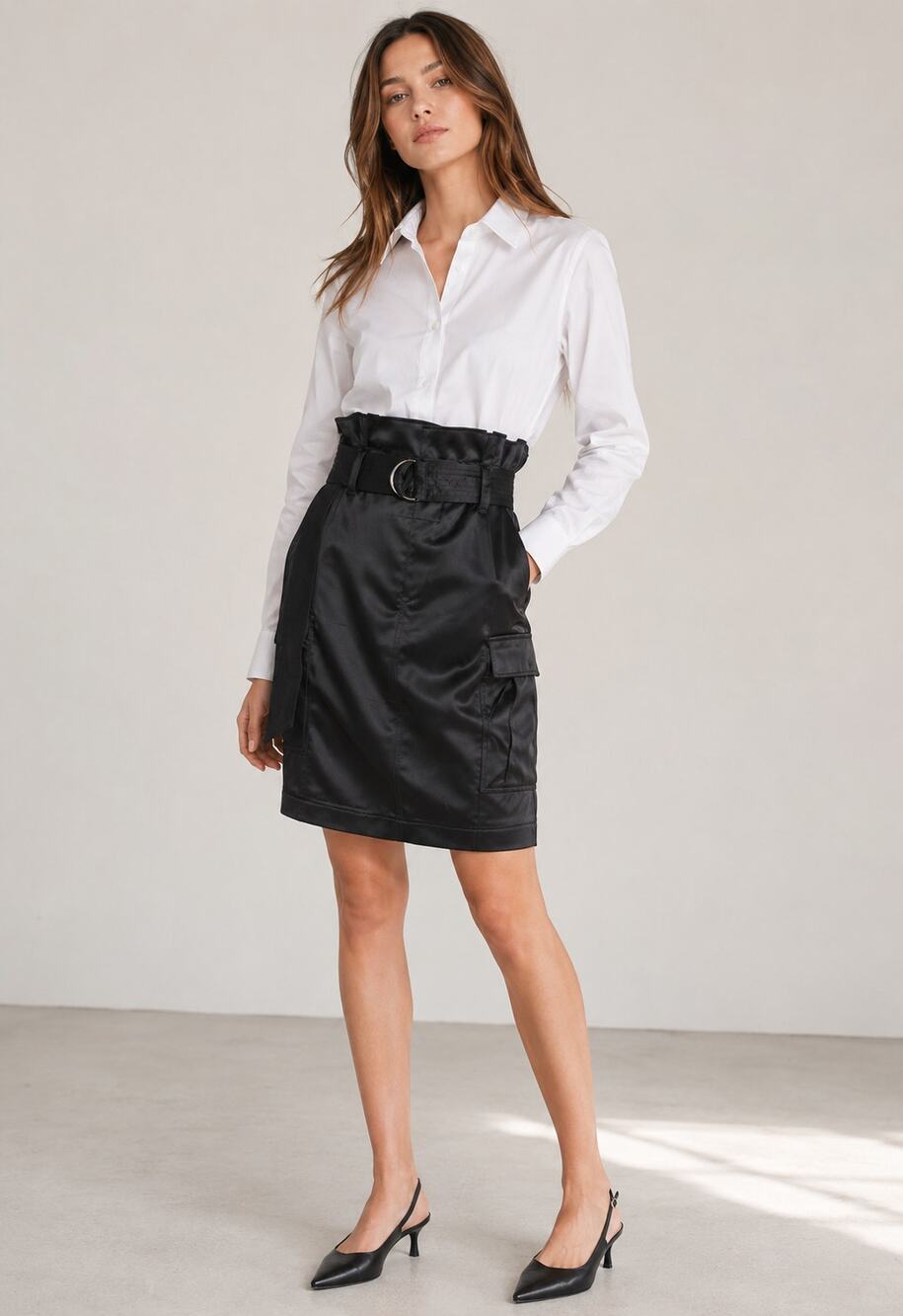 WHBM Black Satin Skirt Cargo Paperbag Waist Sz 2 Preppy Biker